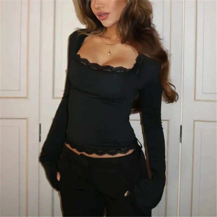 Top da donna a maniche lunghe con pizzo elegante