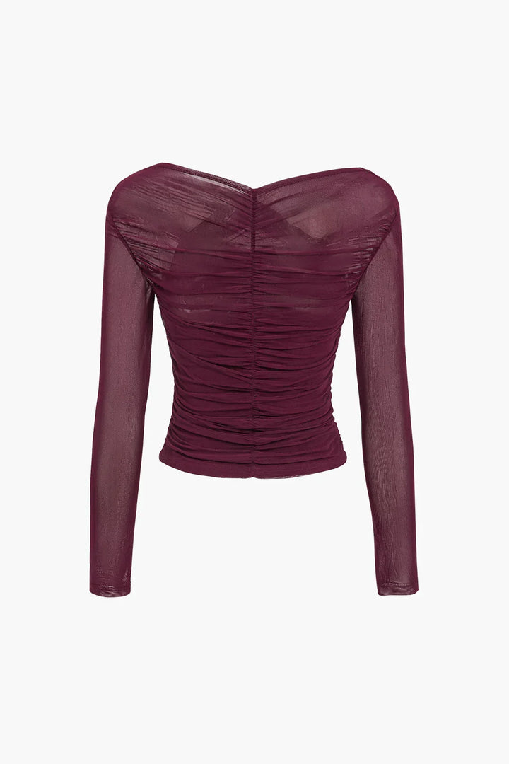Top da donna a maniche lunghe con effetto plissettato trasparente