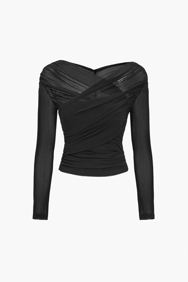 Top da donna a maniche lunghe con effetto plissettato trasparente