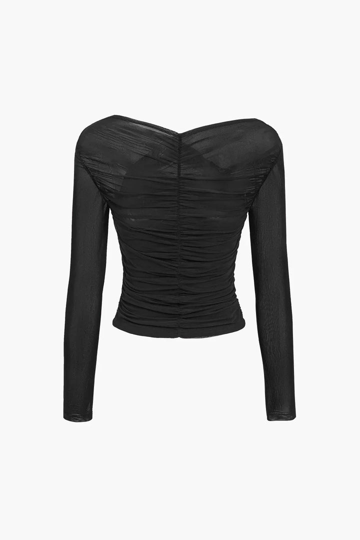 Top da donna a maniche lunghe con effetto plissettato trasparente