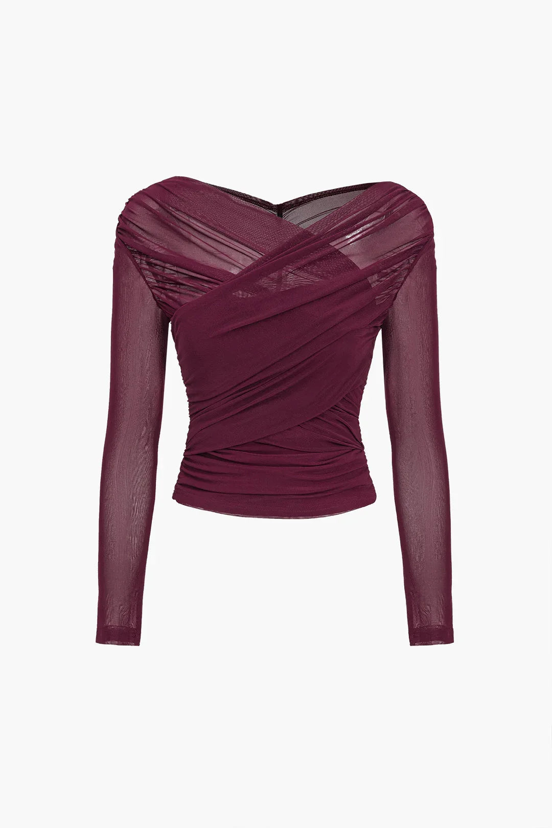 Top da donna a maniche lunghe con effetto plissettato trasparente