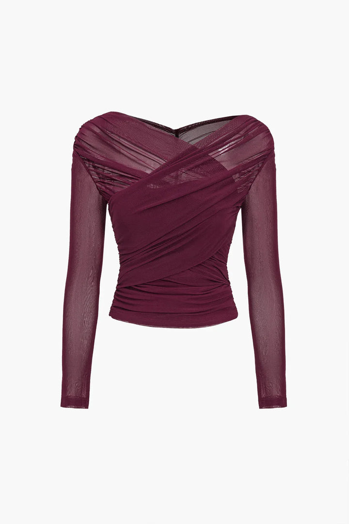 Top da donna a maniche lunghe con effetto plissettato trasparente