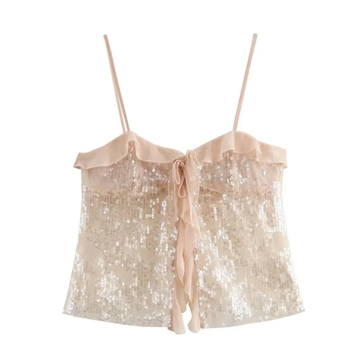 Top crop donna con paillettes spalline sottili e volant in organza