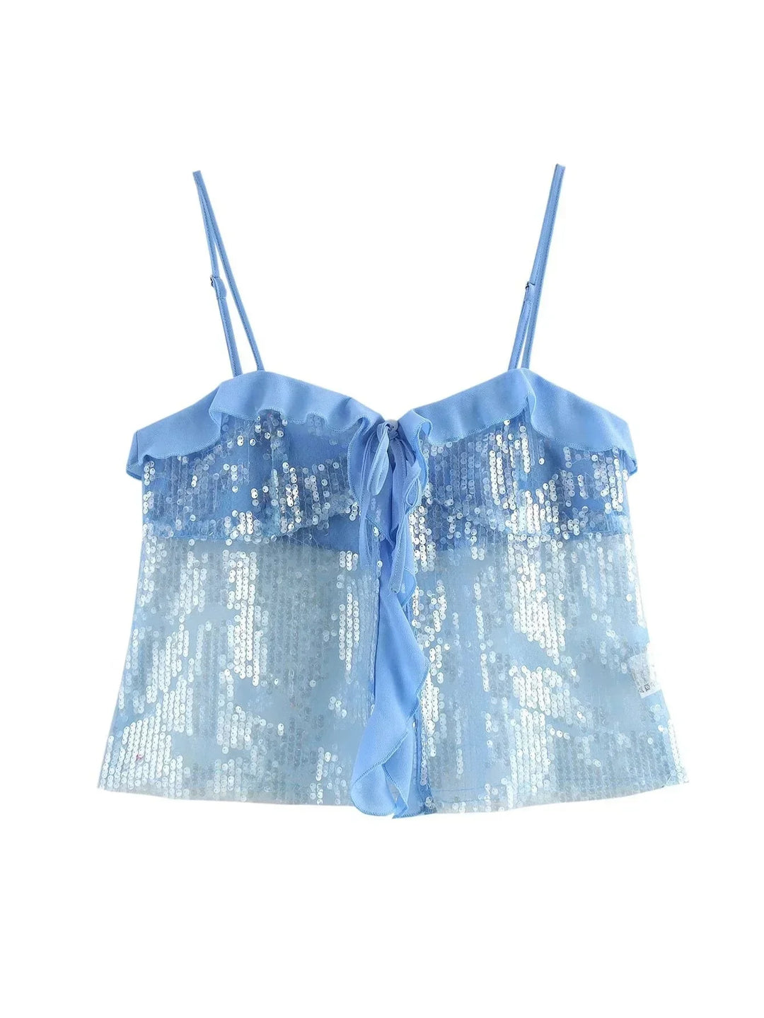 Top crop donna con paillettes spalline sottili e volant in organza