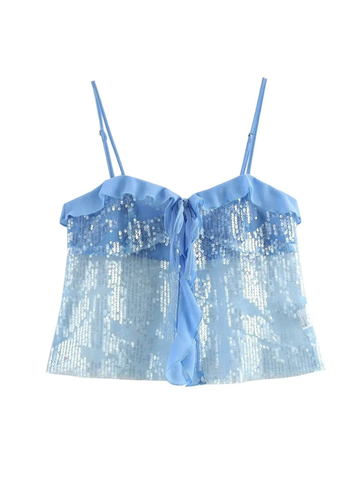 Top crop donna con paillettes spalline sottili e volant in organza