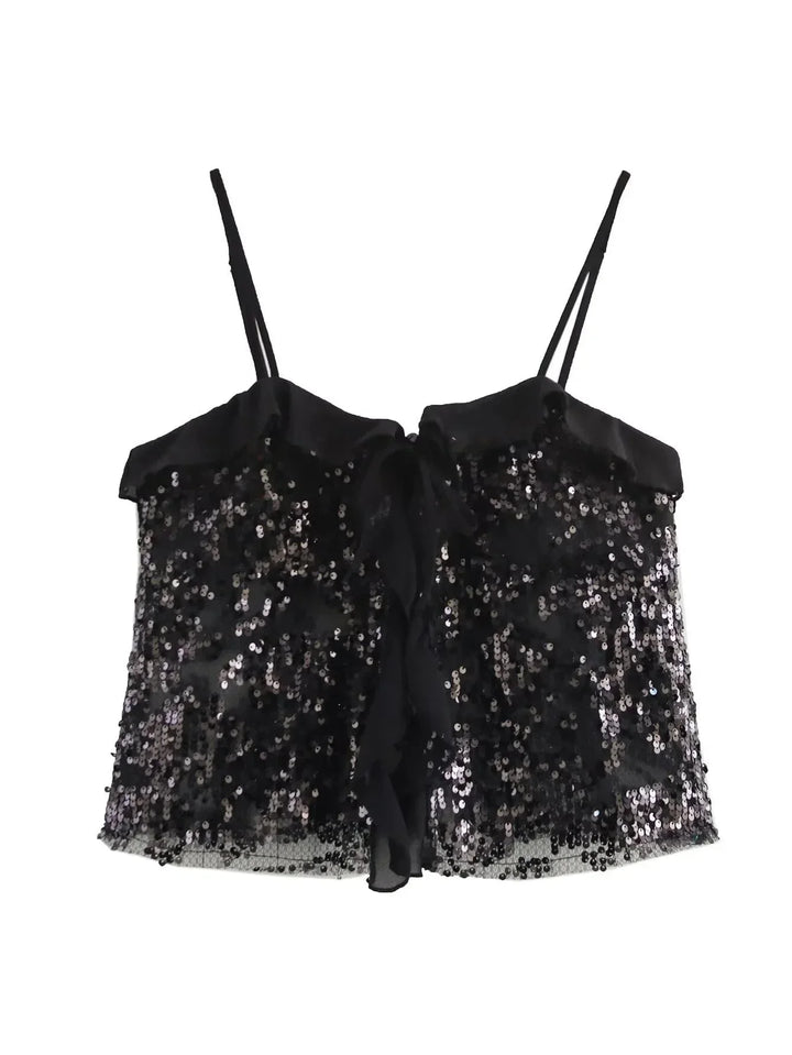 Top crop donna con paillettes spalline sottili e volant in organza