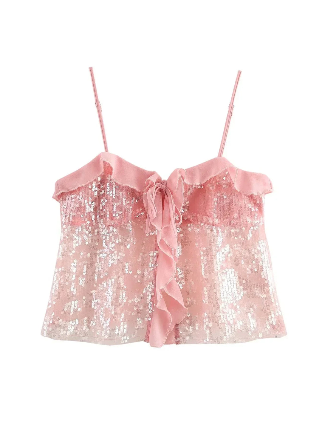Top crop donna con paillettes spalline sottili e volant in organza