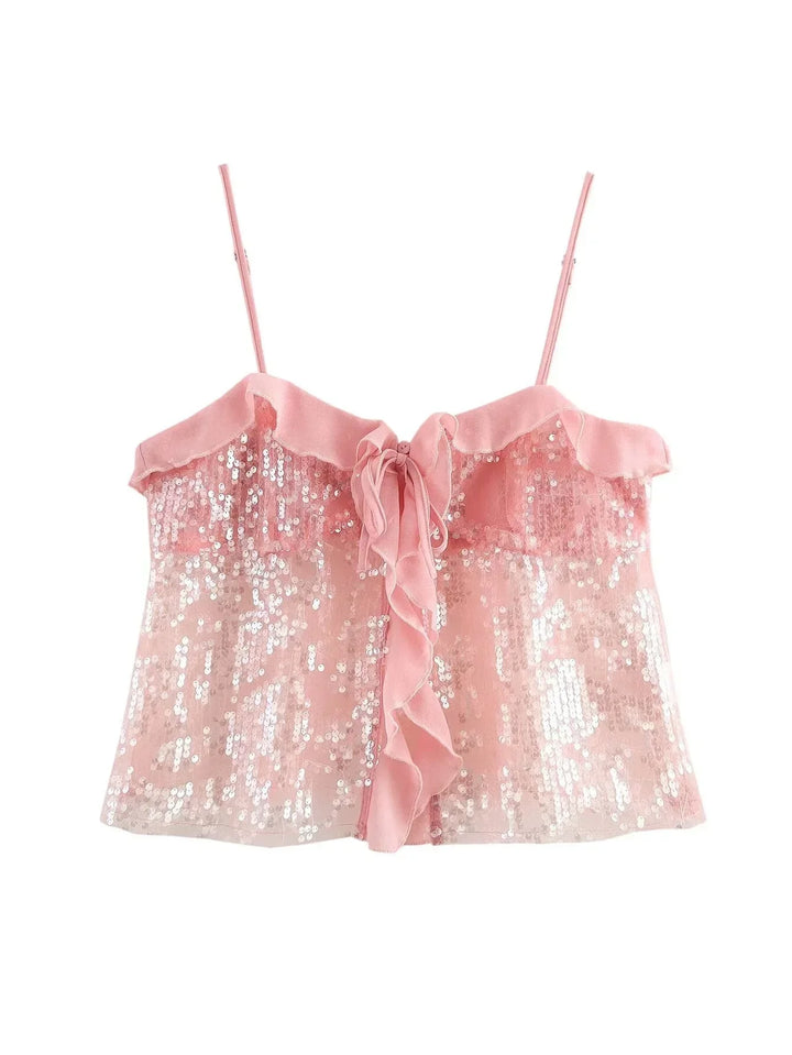 Top crop donna con paillettes spalline sottili e volant in organza