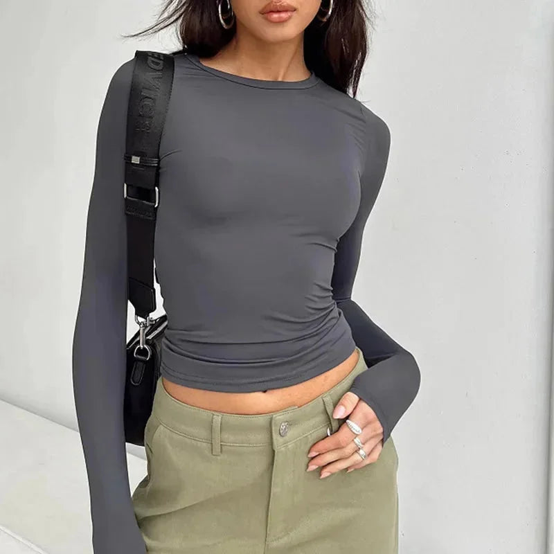Top slim da donna a maniche lunghe elastiche