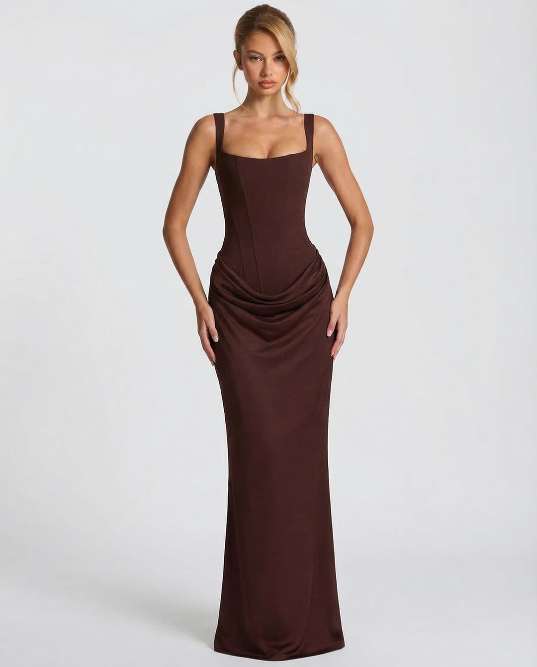 Vestito lungo da donna con scollo quadrato, vita drappeggiata, corpino strutturato