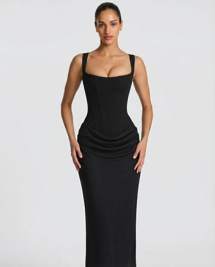 Vestito lungo da donna con scollo quadrato, vita drappeggiata, corpino strutturato