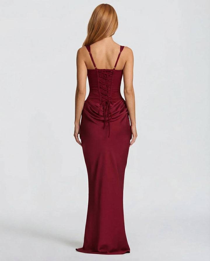 Vestito lungo da donna con scollo quadrato, vita drappeggiata, corpino strutturato