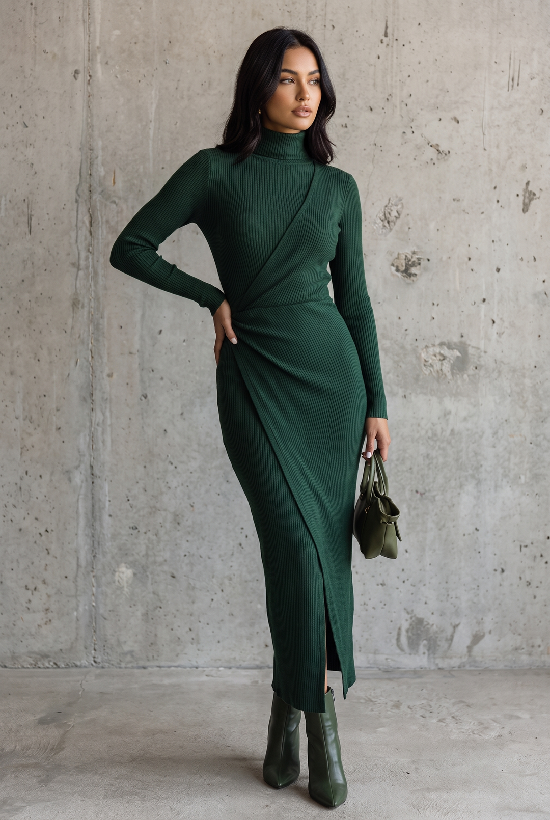 Quirica | Vestito Midi Donna in Maglia a Maniche Lunghe con Collo Alto