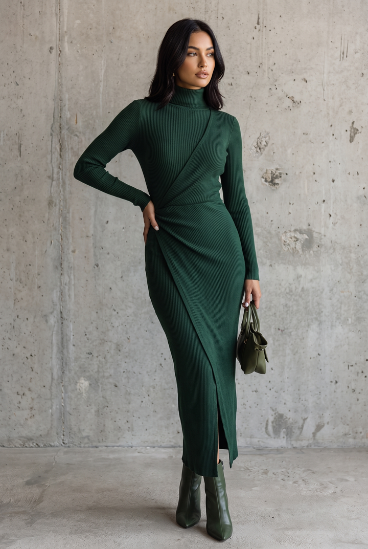 Quirica | Vestito Midi Donna in Maglia a Maniche Lunghe con Collo Alto