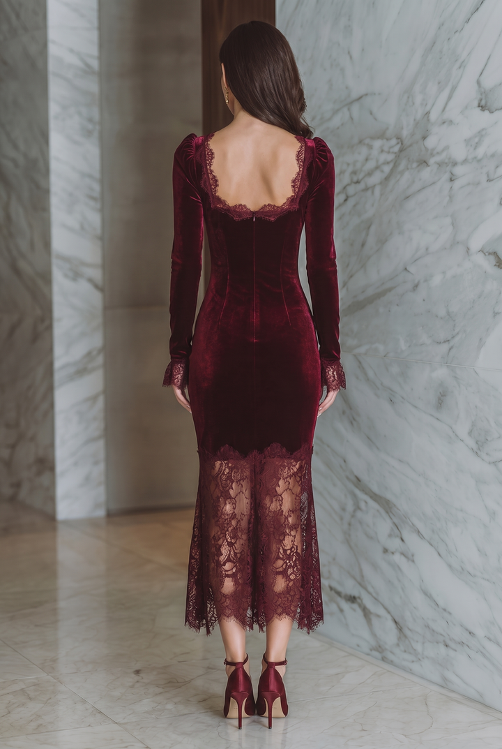 Liviana | Vestito Lungo Donna in Velluto Aderente con Dettagli in Pizzo