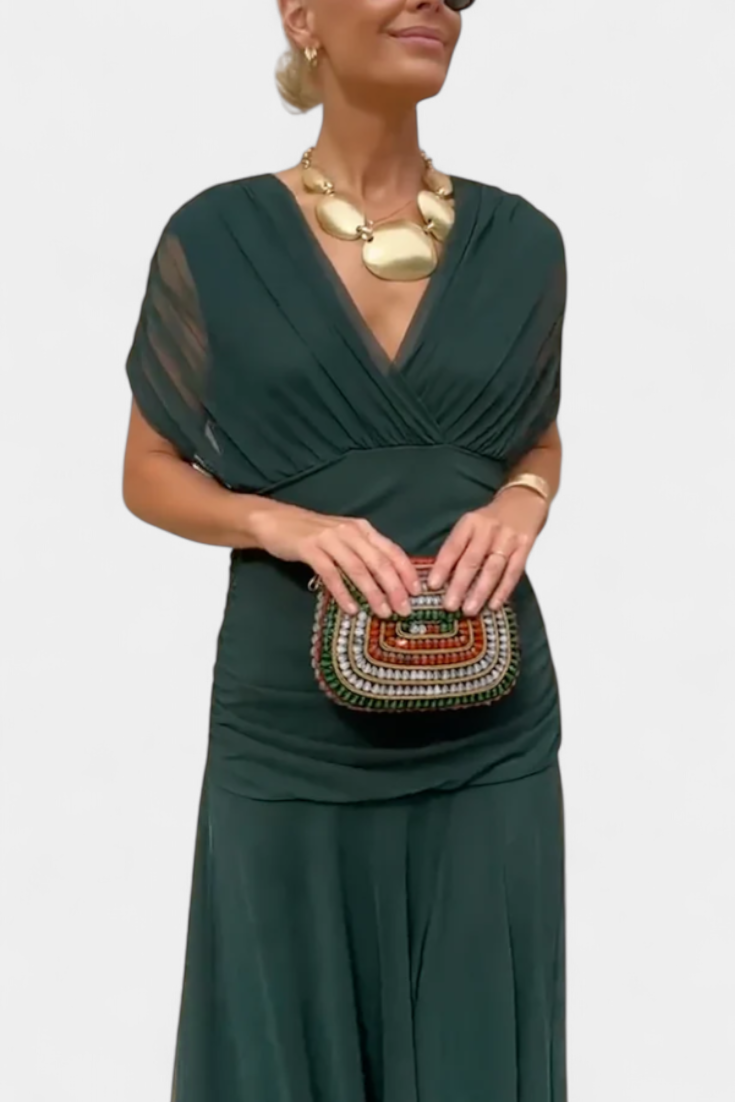 Vestito lungo donna Spalle scoperte scollo a V drappeggiato gonna fluida maniche a sbuffo