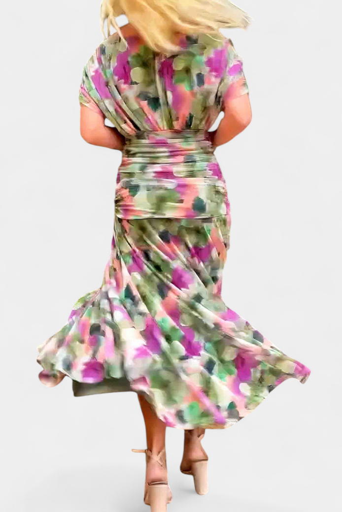 Vestito lungo donna Spalle scoperte scollo a V drappeggiato gonna fluida maniche a sbuffo
