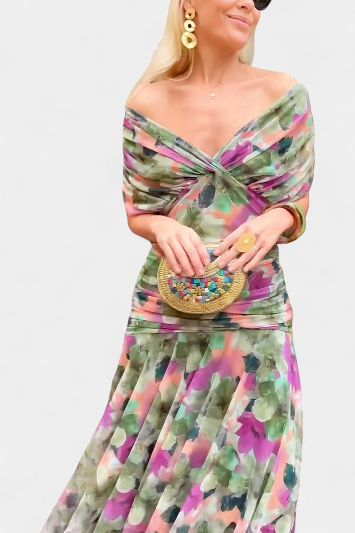 Vestito lungo donna con Spalle scoperte, busto intrecciato, drappeggiato e fluido