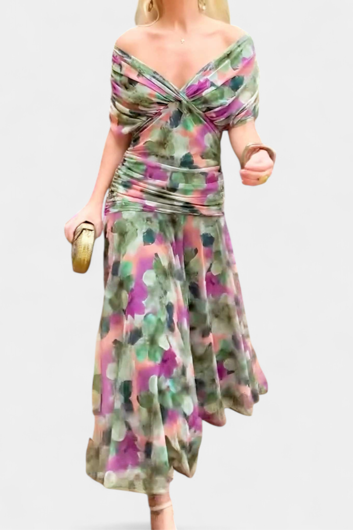 Vestito lungo donna Spalle scoperte scollo a V drappeggiato gonna fluida maniche a sbuffo
