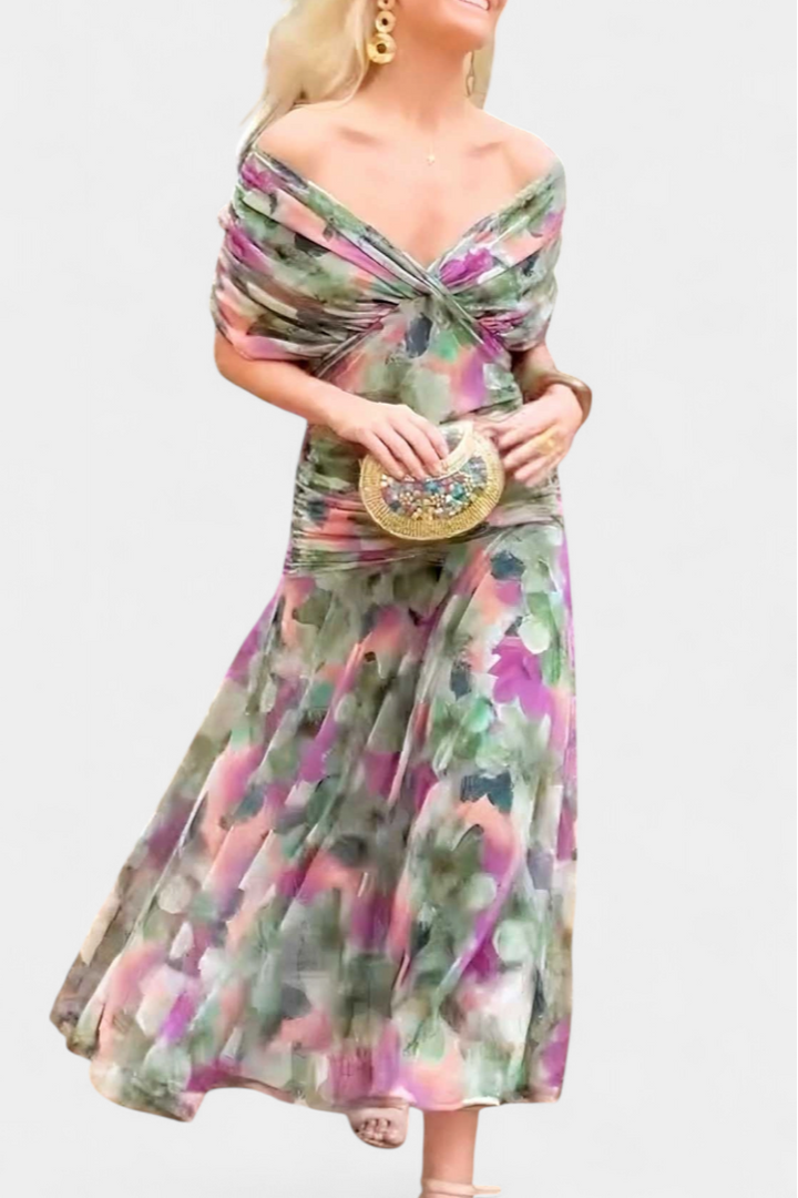 Vestito lungo donna con Spalle scoperte, busto intrecciato, drappeggiato e fluido