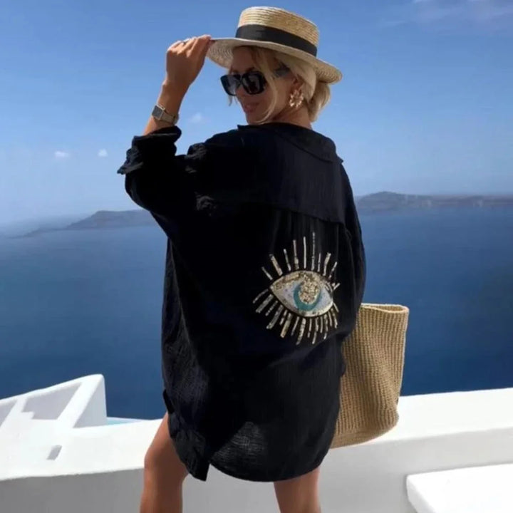 Blusa donna oversize con motivo occhio ricamato