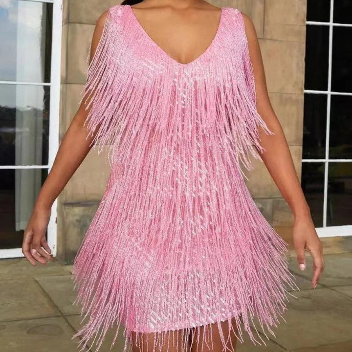 Vestito corto donna scollo a V senza maniche con frange e paillettes vestibilità aderente