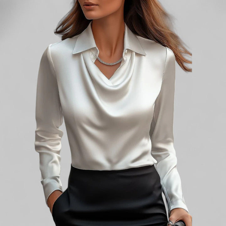 Blusa donna con colletto a camicia, colletto lavallière, linea fluida, maniche lunghe