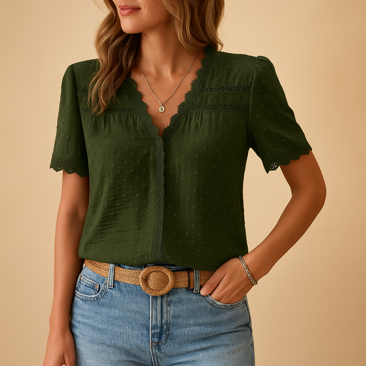 Blusa da donna con scollo a V, plumetis, bordi in pizzo, maniche corte