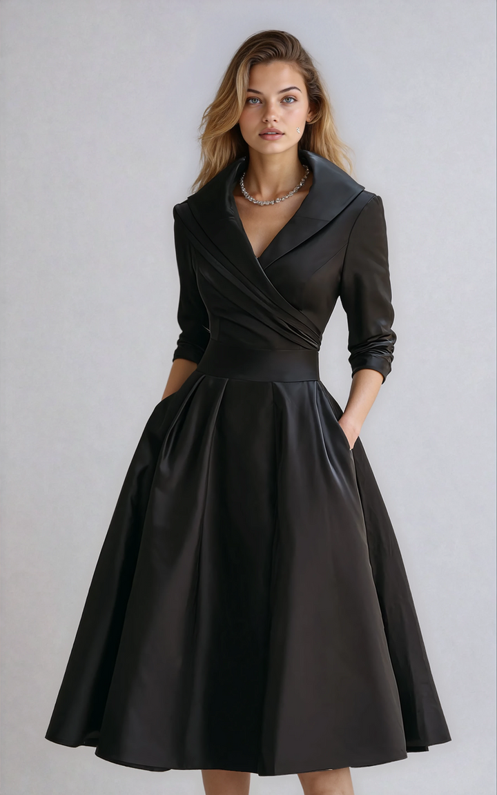 Abito midi da donna con colletto aperto, maniche 3/4, cintura drappeggiata, tasche laterali