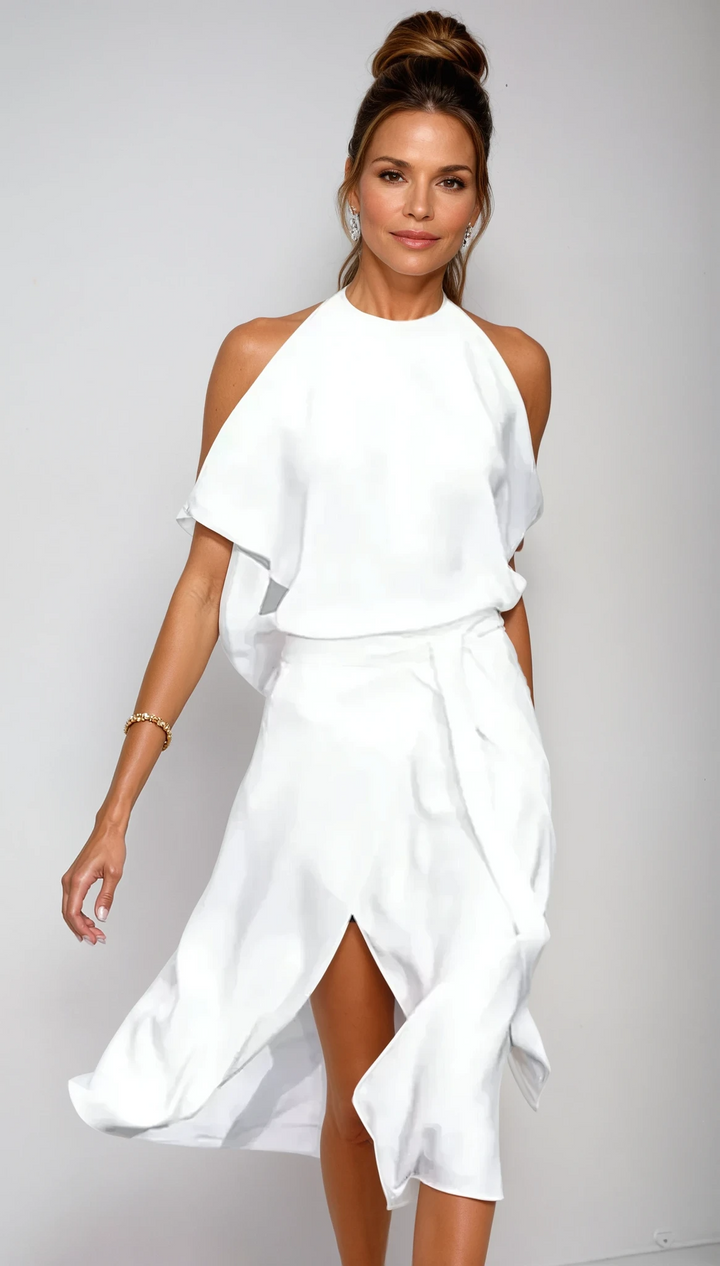 Abito midi donna con Spalle scoperte, collo alto, orlo asimmetrico