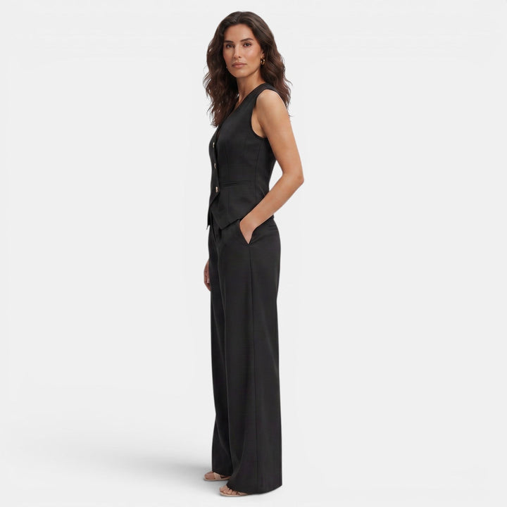 Completo da donna con gilet con scollo a V abbottonato e pantaloni a vita alta a gamba larga