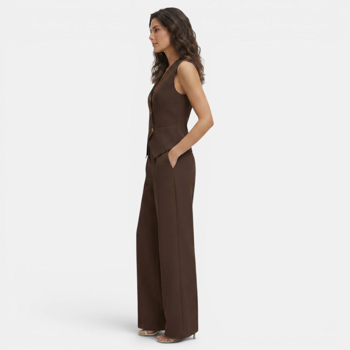 Completo da donna con gilet con scollo a V abbottonato e pantaloni a vita alta a gamba larga