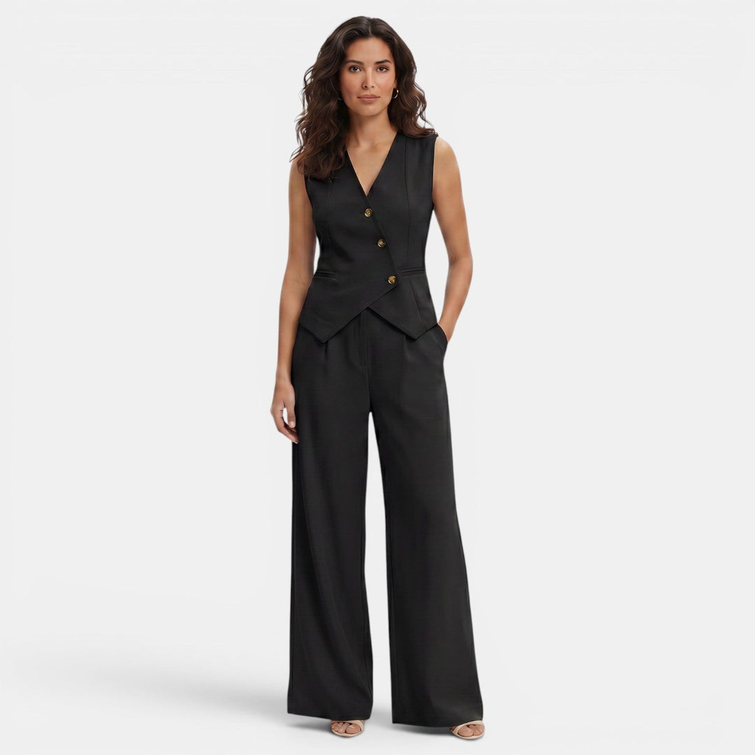 Completo da donna con gilet con scollo a V abbottonato e pantaloni a vita alta a gamba larga