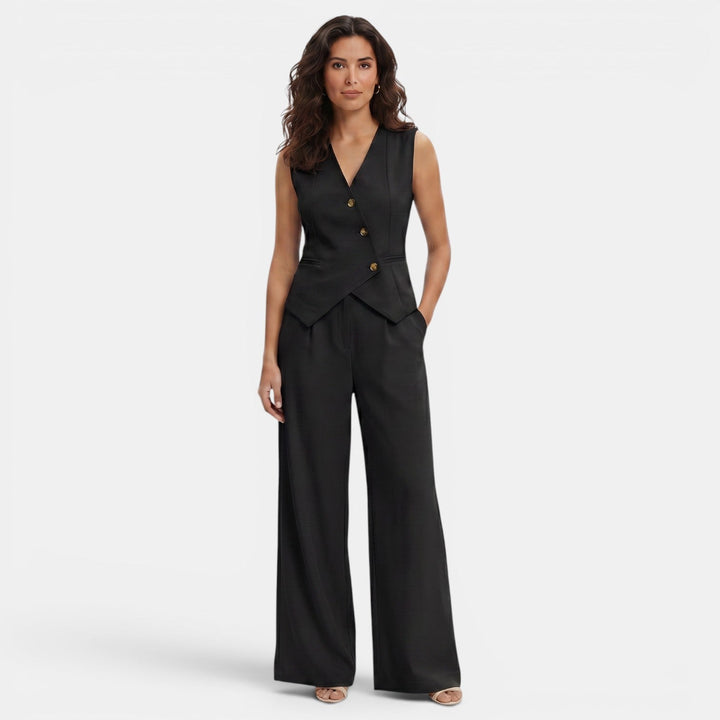Completo da donna con gilet con scollo a V abbottonato e pantaloni a vita alta a gamba larga