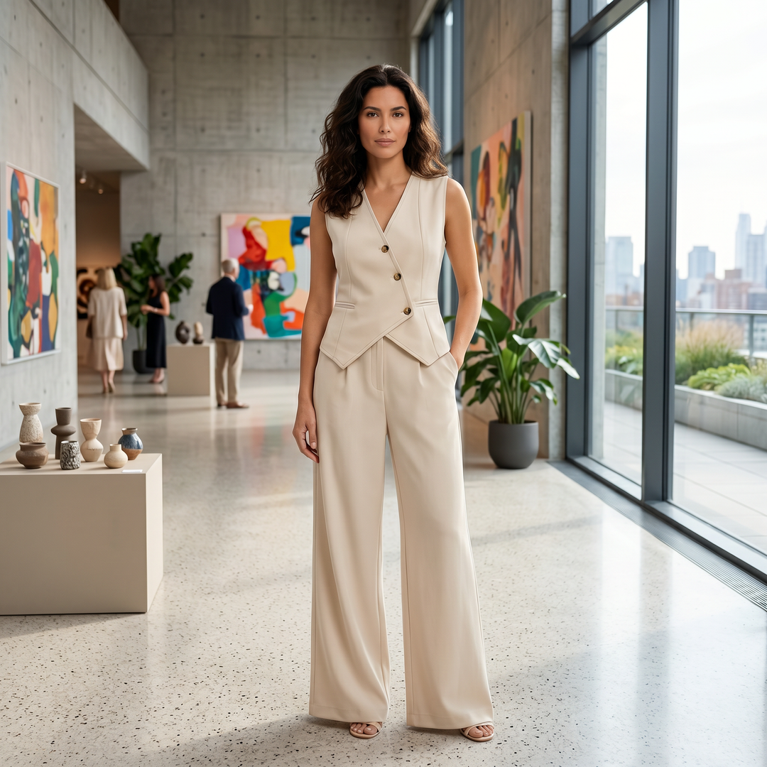 Completo da donna con gilet con scollo a V abbottonato e pantaloni a vita alta a gamba larga