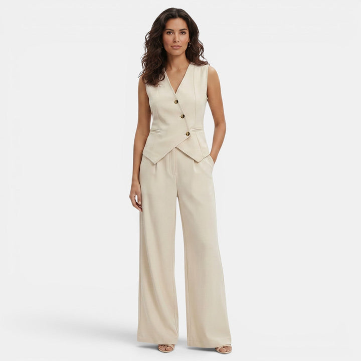 Completo da donna con gilet con scollo a V abbottonato e pantaloni a vita alta a gamba larga