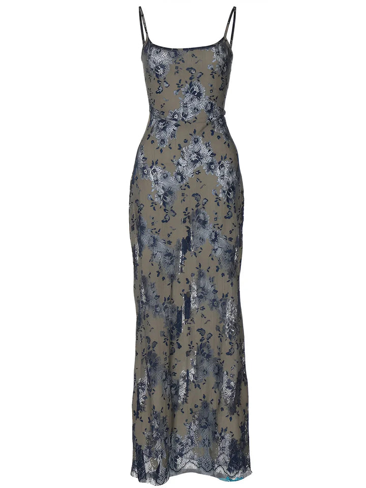 Maxi vestito schiena nuda in pizzo blu con bretelline sottili per serata