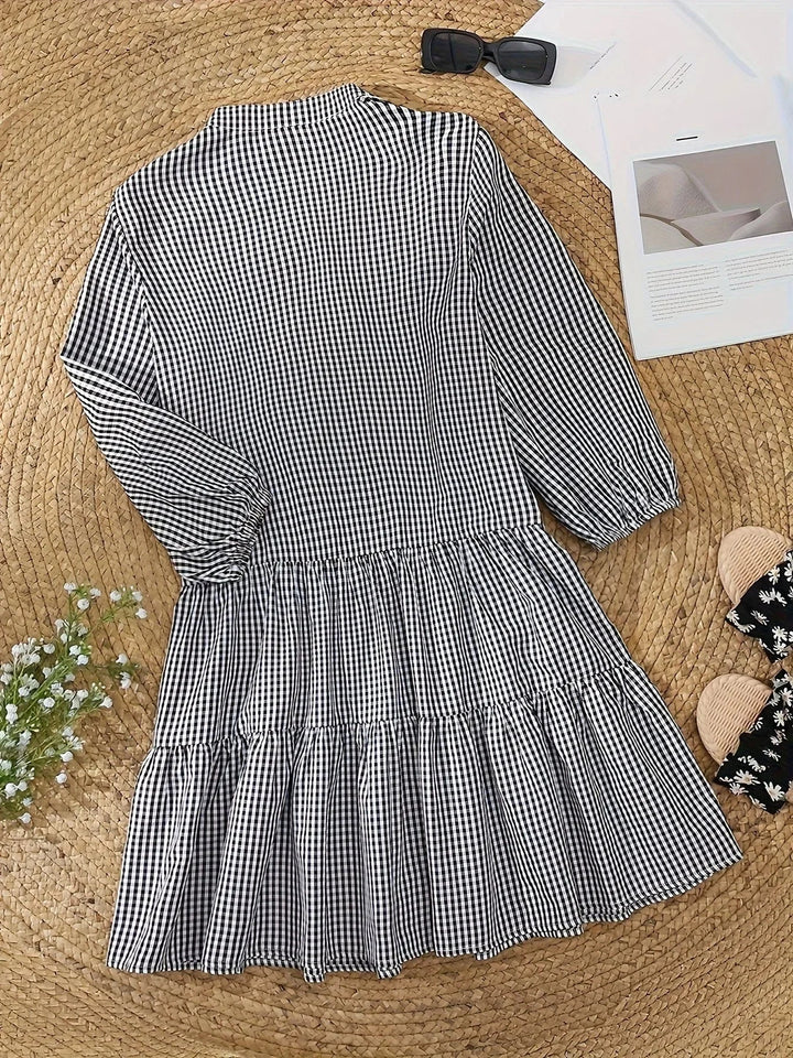 Vestito corto vichy donna maniche 3/4 collo con bottoni
