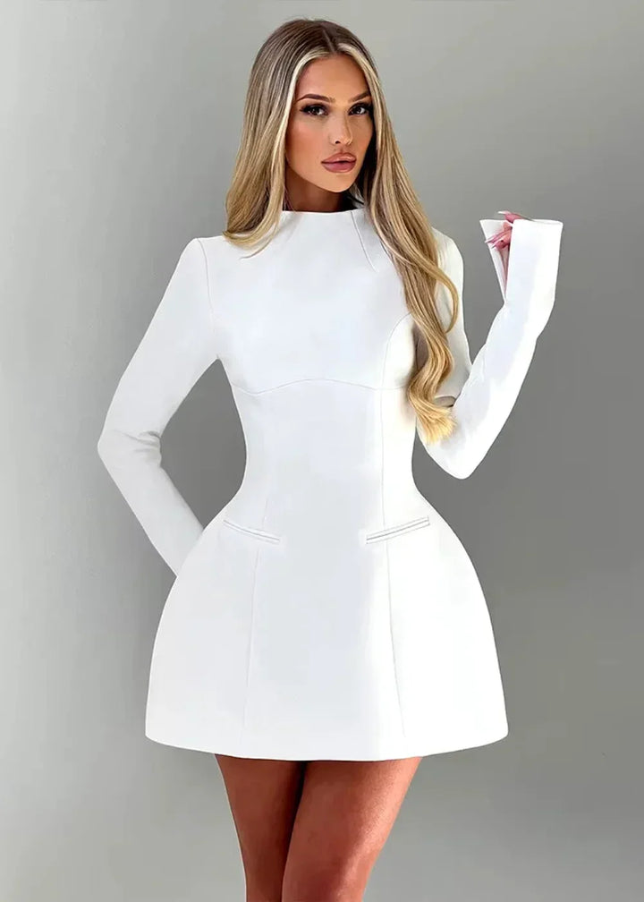 Mini vestito svasato donna maniche lunghe schiena nuda da sera