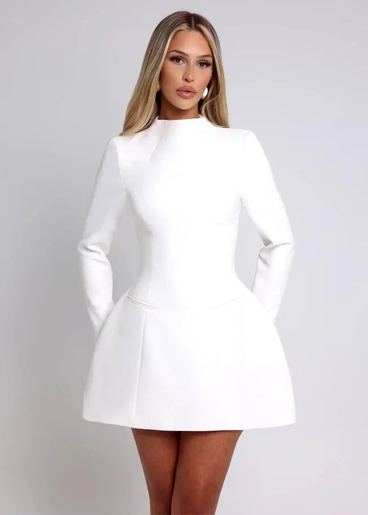 Mini vestito svasato donna maniche lunghe schiena nuda da sera