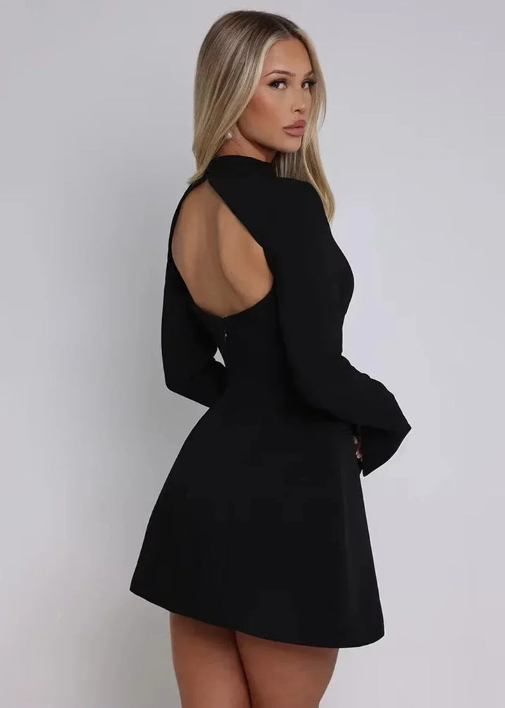 Mini vestito svasato donna maniche lunghe schiena nuda da sera