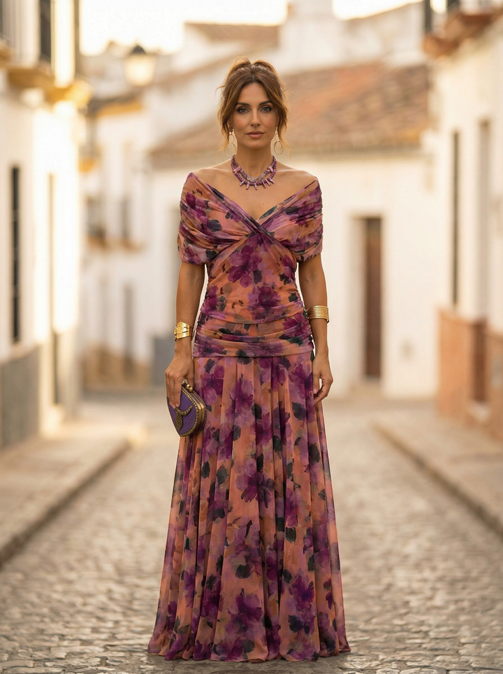 Vestito lungo da donna con Spalle scoperte, scollatura a V, drappeggiato, vita arricciata