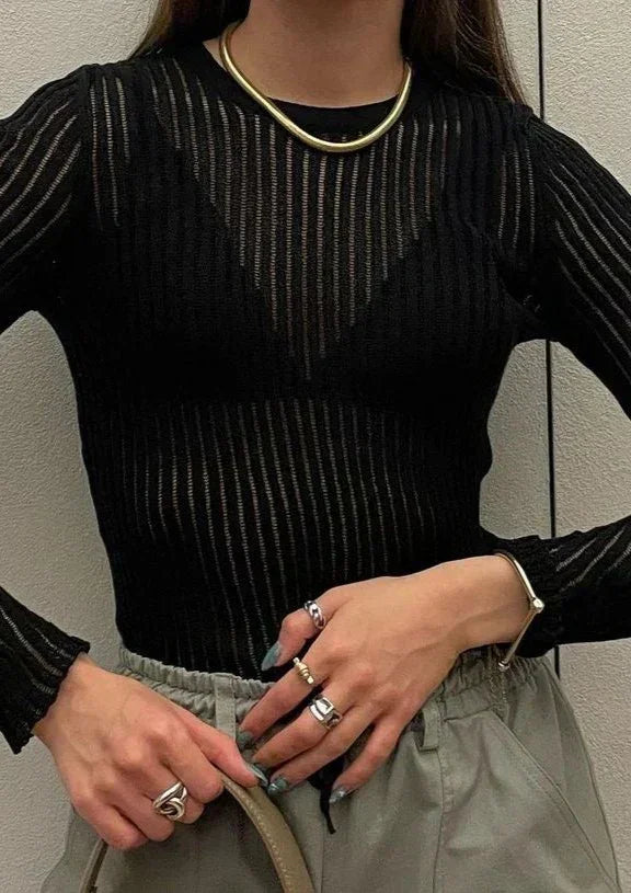 Pullover donna trasparente in maglia a coste stile casual