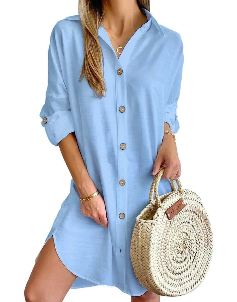 Vestito camicia abbottonato colletto classico maniche lunghe donna