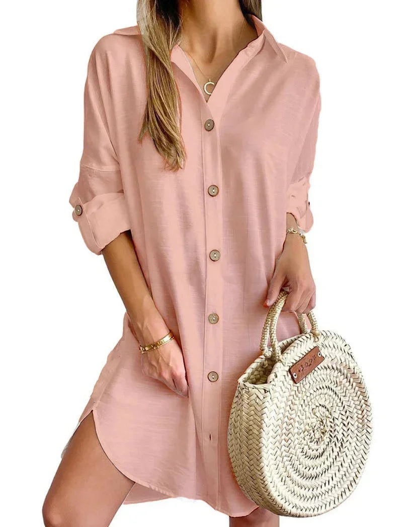 Vestito camicia abbottonato colletto classico maniche lunghe donna