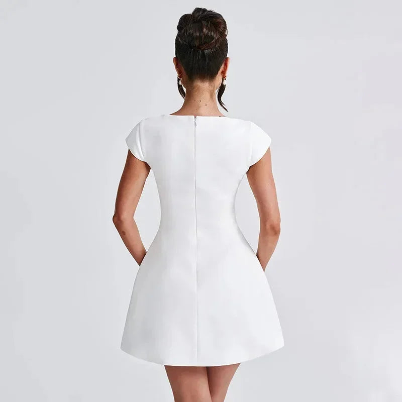 Vestito corto da sera donna bianco con scollo quadrato