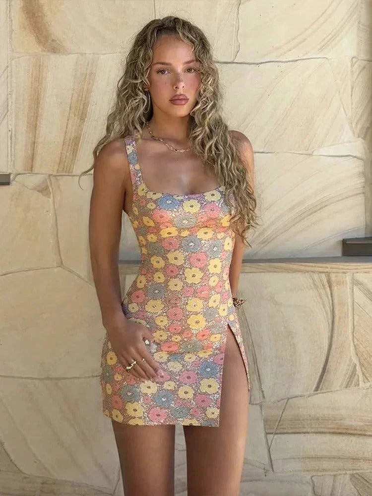 Vestito corto donna multicolore a fiori con spalline