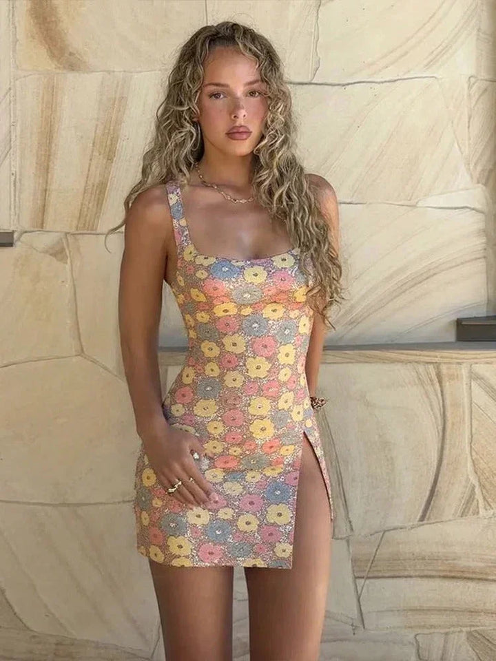 Vestito corto donna multicolore a fiori con spalline