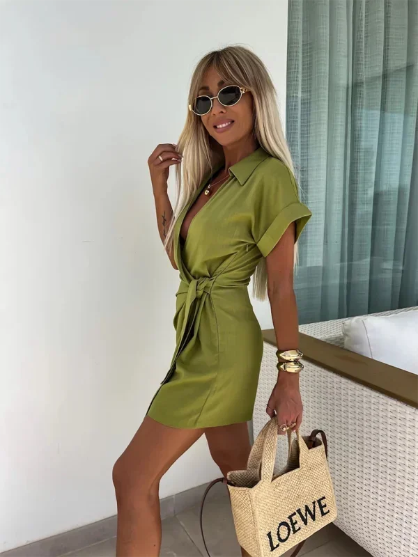 Vestito a portafoglio estivo a Maniche corte con scollo a V e cintura