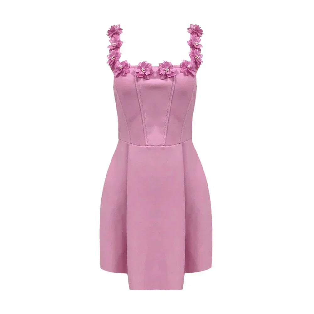 Vestito corto rosa senza maniche con scollatura floreale